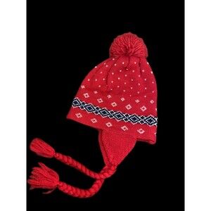 Vintage MEISTER Red/White/Blue 100% Wool Ski Ear-flap Beanie Hat Cap w/ Pom-pom